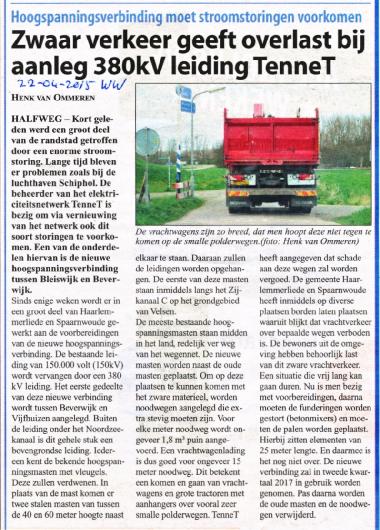 WWZwaarverkeergeeftoverlastbijaanleg380kVhoogspanningsleidingTennet